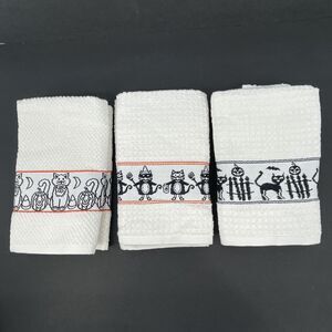 Vtg Casaba Kitchen Tea Towels 3 Sets of 2 Halloween Cats White Cotton NEW